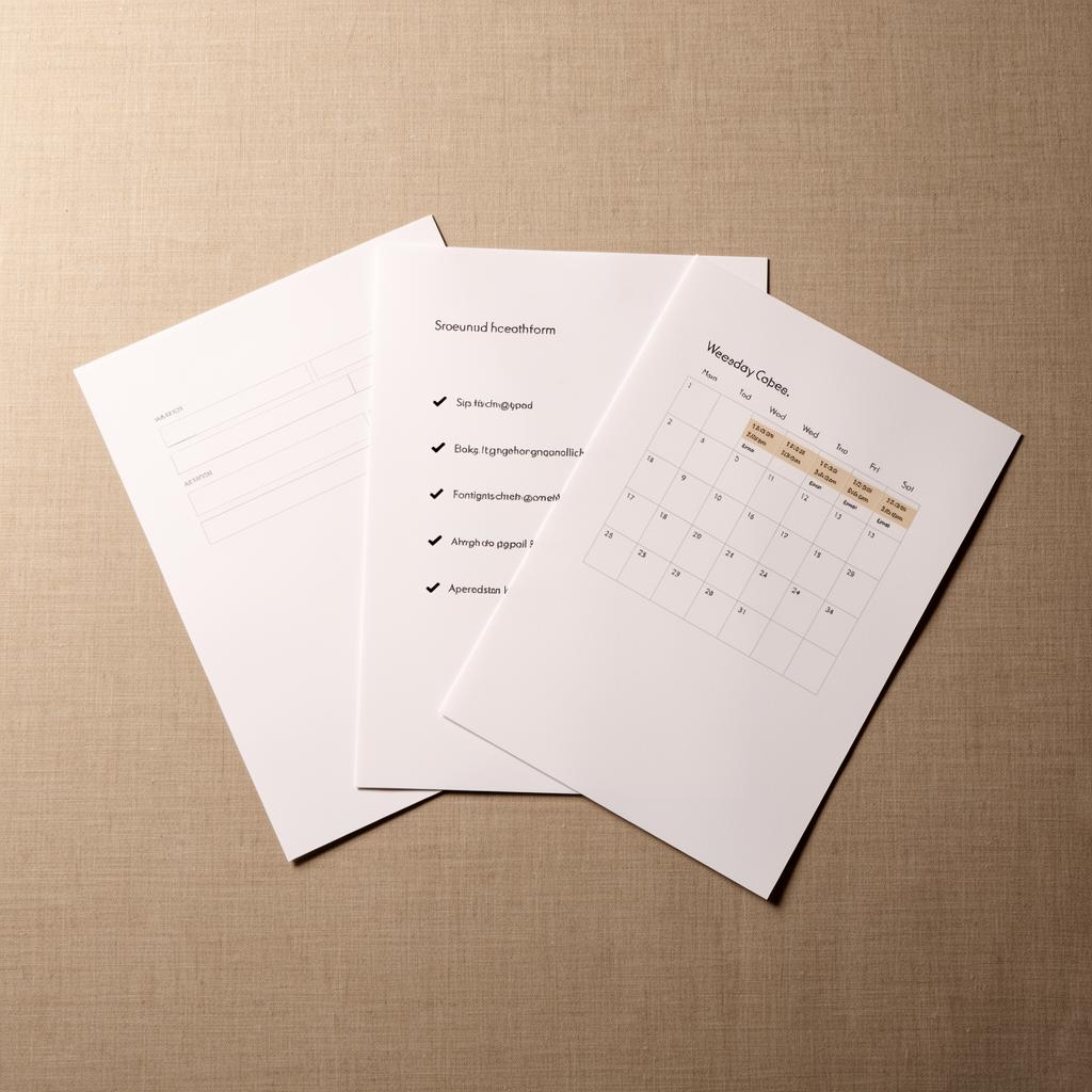 Three printed pages on a desk show a form, an email checklist, and a calendar. The pieces all connect without the agent learning ten different software tools.